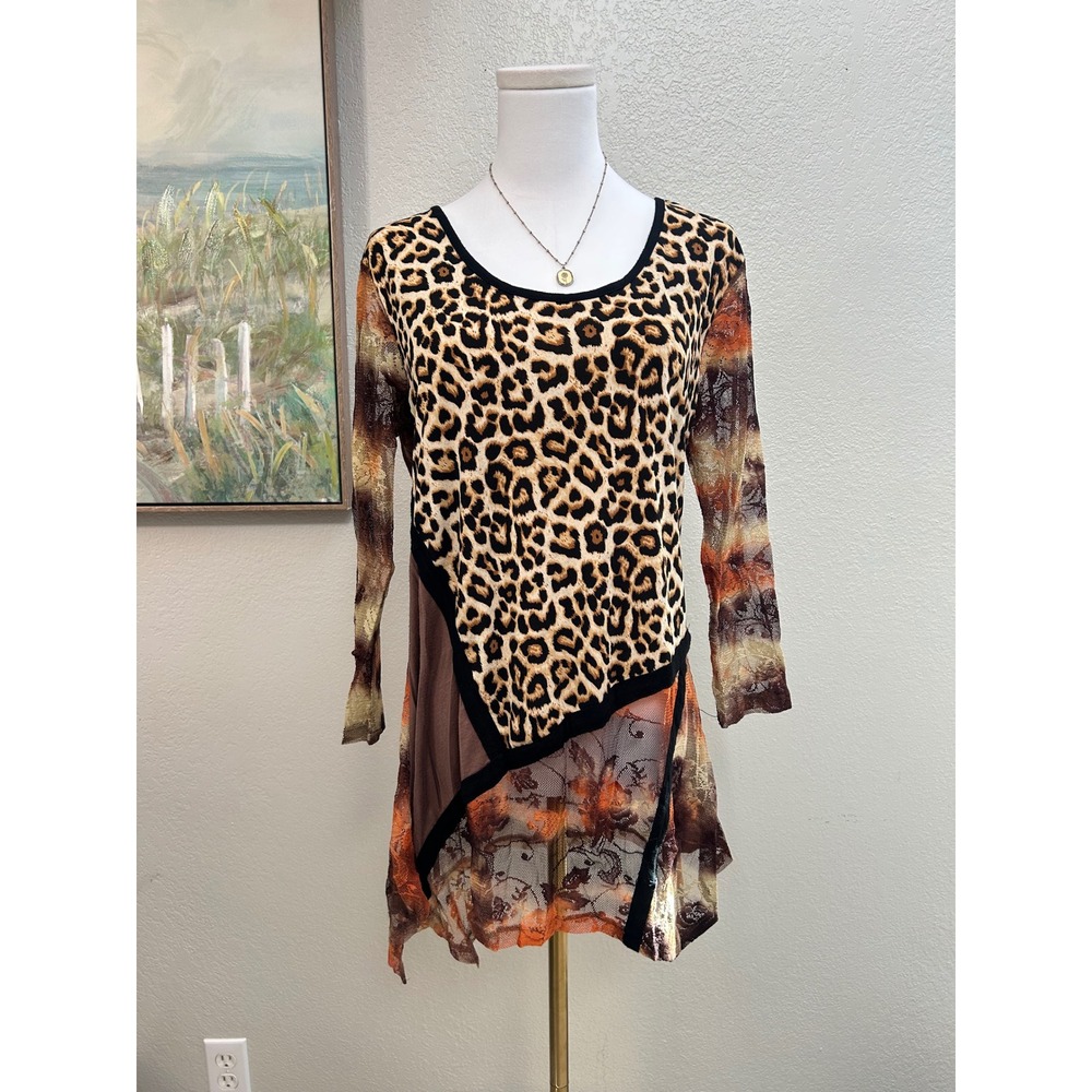 Y2K Leopard Mesh Tunic Top Fairy Grunge Asymmetrical Long Sleeve Medium